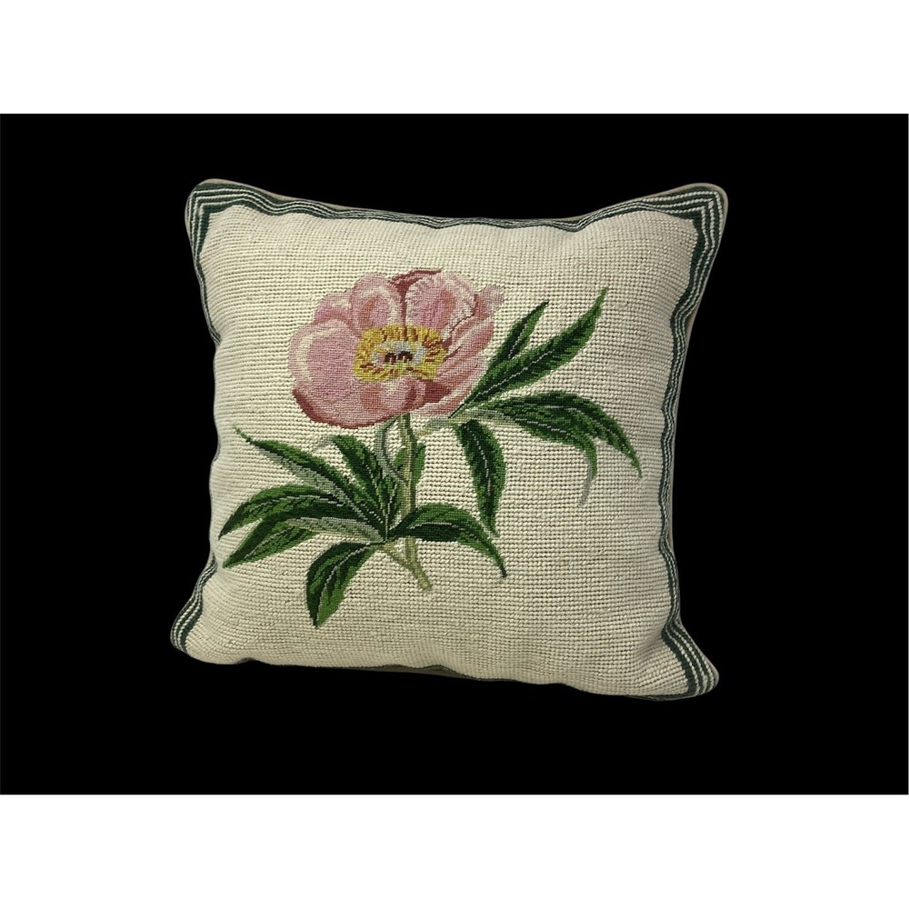 Imperial Elegance Wool Needlepoint Pink Peony Throw Pillow   14x14